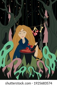 Modern abstract vector illustration for a fairy tale. Folklore. Fabulous landscape. Scandinavian palette. Halloween. Witch. A cute girl brews a potion in a pot. A witch with red hair.