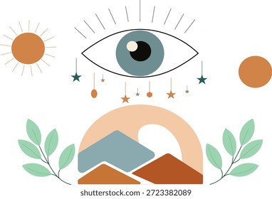 A modern abstract vector illustration featuring a mystical eye symbol above a minimal landscape with celestial elements, stars, sun shapes, and botanical details. Ideal for spiritual, boho, mindfulness, and contemporary design projects.