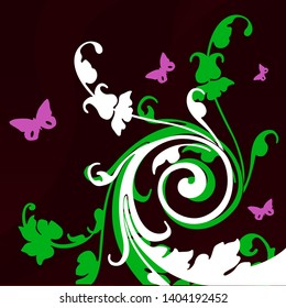 Modern abstract vector illustration of a floral design pattern in white and green and pink flying butterflies. Brown background. Floral twirl pattern.