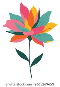 Eine moderne und abstrakte Vektorgrafik einer Blume mit geschichteten Blütenblättern in hellen, lebendigen Farben wie Rosa, Teal, Orange und Gelb. Das stilisierte und minimalistische Design ist perfekt für die Kunst 
