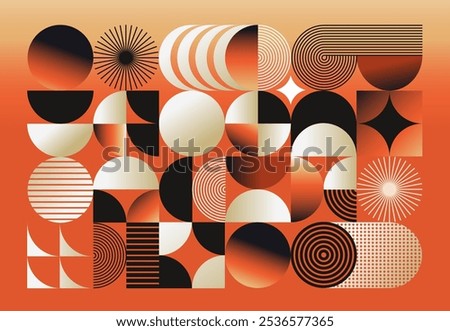 Modern abstract vector illustration with geometric shapes like circles, half-circles, rectangles in gradients of orange, black, beige. Composition includes stripes, radial patterns, dotted textures.