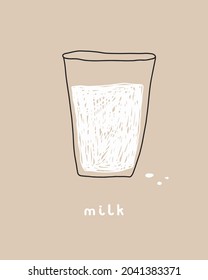 Modern Abstract Vector Illustration with Glass of Milk Isolated on a Dusty Beige Background. Cute Childish Style Print for Milk Lovers. White Handwritten Milk Word. Doodle Art.
