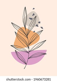 Modern abstract vector illustration with organic various shapes and foliage line art.Minimalist wall art decor.Trendy artistic designs perfect for banners;social media,invitations,covers,wallpaper.