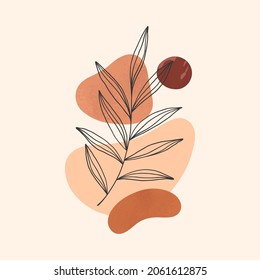 Modern abstract vector illustration with organic various shapes and foliage line art.Boho watercolor wall art decor.Trendy artistic design perfect for banners;social media,invitations,covers,wallpaper
