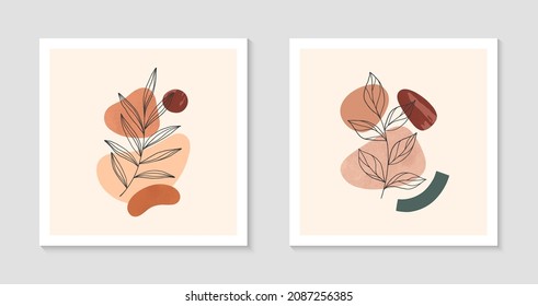 Modern abstract vector illustration with organic various shapes and foliage line art.Boho watercolor wall art decor.Trendy artistic design perfect for banners;social media,invitations,covers,wallpaper