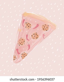 Ilustración de vectores abstractos modernos con una pieza de pizza. Pizza rosa rebanada en un fondo rosa claro con foco. Impresión estilo Boho para los amantes de la pizza. 