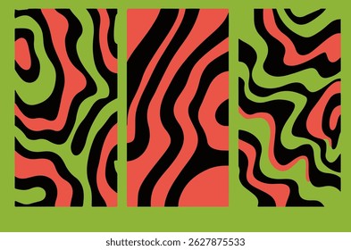 Modern abstract vector illustration with three vertical panels featuring wavy, organic shapes in green, orange and black. Trendy, eye-catching design for creative backgrounds or artwork.