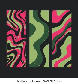 Modern abstract vector illustration with three vertical panels featuring wavy, organic shapes in green, dark green, pink, and black. Trendy, eye-catching design for creative backgrounds or artwork.