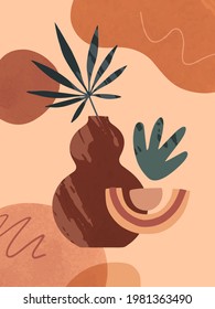 Modern abstract vector illustration with vases,organic various shapes and leaves.Boho wall art decor.Trendy artistic design perfect for banners;social media,invitations,covers,wallpaper.