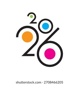 A modern, abstract vector illustration of the year 2026, composed of stylized black curves and four vibrant colored dots representing the digits, suitable for calendars, logos, and annual reports.