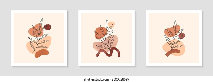 Modern abstract vector illustrations with organic various shapes and foliage line art.Boho watercolor wall art decor.Trendy artistic designs for banners;social media,invitations,covers,wallpaper.