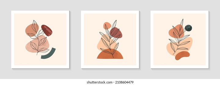 Ilustraciones vectoriales abstractas modernas con diversas formas orgánicas y arte folicular. Decoración de arte mural de las acuarelas de Boho.Diseños artísticos de moda para banners;medios sociales, invitaciones, portadas, papel tapiz.