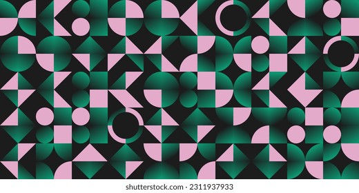 Modern abstract vector pattern artwork with various geometric shapes and elements. Pink and gradient green. Digital graphics design for poster, cover, art, presentation, prints, fabric, wallpaper.