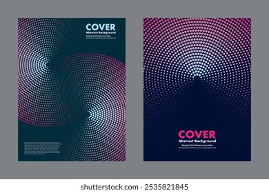 Modern abstract vector pink and blue gradient shade circles halftone dots and infinity symbol on dark background. Geometric shapes minimalist style for cover, graphic design, digital art.