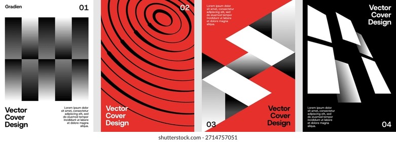 Modern abstract vector poster set featuring bold geometric forms, dynamic stripes, sharp contrasts, and experimental layouts.