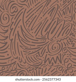 Modern abstract vector seamless pattern with simplified curved lines and geometric elements in monochromatic brown shades. Features organic swirls and dots creating a contemporary, minimalist design.