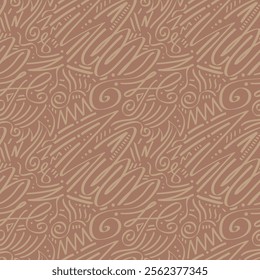 Modern abstract vector seamless pattern with simplified curved lines and geometric elements in monochromatic beige hues. Features organic swirls and organic mixture of soft and sharp lines.