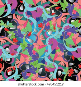 Modern abstract  vector seamless pattern background wallpaper illustration with hand drawn colorful abstract paisley flowers and ornaments. 3d decor elements with shadow and highlights.