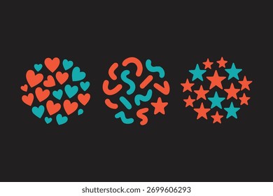 A modern abstract vector with three colorful geometric circles—featuring hearts, squiggles, and stars—on a bold black background, ideal for creative projects