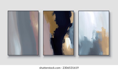 Modern abstract vector watercolor art triptych, gold texture cover design.