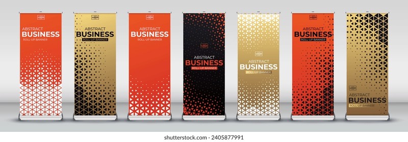 Modern abstract vertical business roll up standee set for Street Business, events, presentations, meetings, annual events, exhibitions in orange, gold, black and white luxury colors