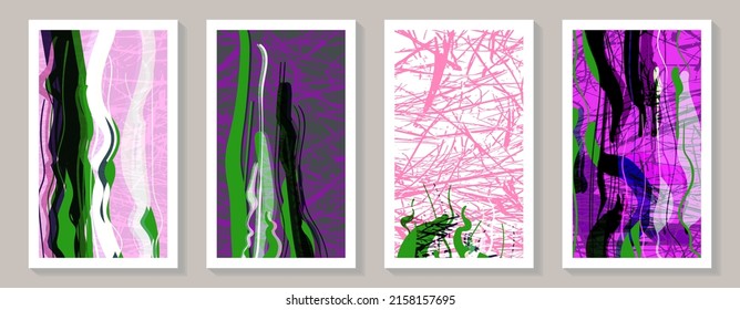 Modern abstract vertical rectangular backgrounds. Bright purple, pink, acid green curved stripes with grunge texture. Random shapes and line noise. Vector illustration.