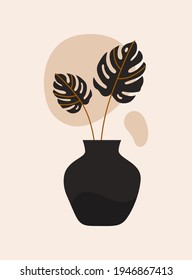 Modern abstract wall art with black vase and monstera leaves on light background. Vector minimalist hand drawn print in boho style. Mid century design