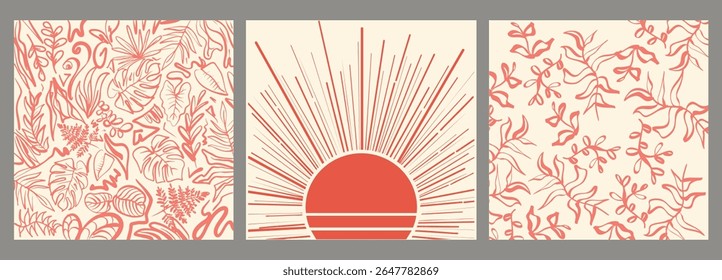 Modern abstract wall art set featuring botanical line drawings and a radiant sunset in earthy coral tones. Perfect for boho decor, nature prints, or minimal aesthetic interior design.