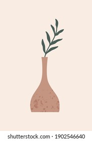 Modern abstract wall art with textured vase and plant on light background. Vector minimalist hand drawn print in boho style. Mid century design 