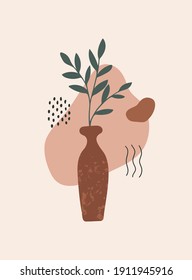  Modern abstract wall art with textured vase, geometric shapes and plant on light background. Vector minimalist hand drawn print in boho style. Mid century design