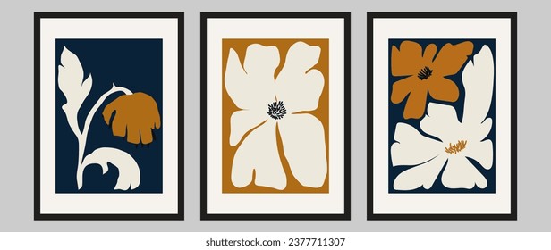 Conjunto de vectores de diseño de pared abstracto moderno. Colección de flores minimalistas, brotes, ilustración botánica en tonos azules. Ilustración de diseño para papel pintado, decoración de pared, postal, afiche, portada, impresión.	