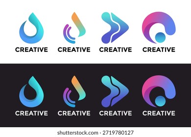Modernes abstraktes Wassertropfen- und Pfeil-Logo-Set, Farbverlauf-Fluidformen und kreisförmige geometrische Symbole für technisches Startup und digitales Identity Branding