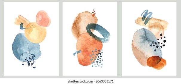 Modern abstract watercolor art. Compositions with hand painted colorful forms, stains, washes. Poster, cover, card, wall art design.