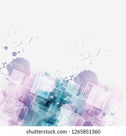 Modern abstract watercolor splashes background with square elements. Purple and blue colored. Template for your designs.