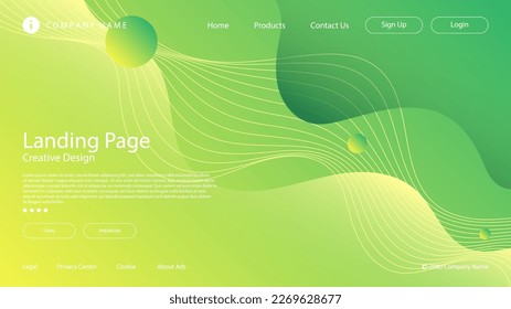 Resumen moderno Sitio web de aterrizaje Página fondo Líneas de onda líquidas de fluido y color de gradiente amarillo verde