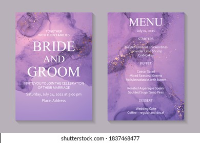 Modern abstract wedding invitation design or card templates for birthday greeting or certificate or cover with purple watercolor stains or fluid art in alcohol ink style with rose golden splashes.