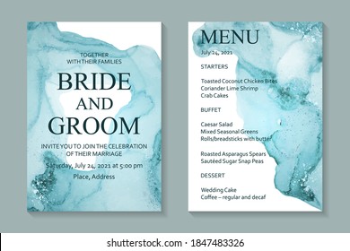 Modern abstract wedding invitation design or card templates for birthday greeting or certificate or cover with blue watercolor waves or fluid art in alcohol ink style with silver glitter on a white.