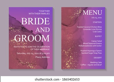 Modern abstract wedding invitation design or card templates for birthday greeting or certificate or cover with red and purple watercolor waves or fluid art in alcohol ink style with gold glitter.