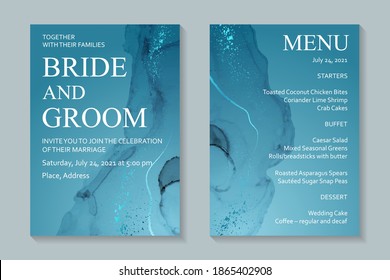 Modern abstract wedding invitation design or card templates for birthday greeting or certificate or cover with blue watercolor waves or fluid art in alcohol ink style with metallic glitter.