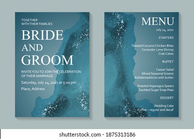 Modern abstract wedding invitation design or card templates for birthday greeting or certificate or cover with dark blue watercolor waves or fluid art in alcohol ink style with silver glitter.