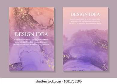 Modern abstract wedding invitation design or card templates for birthday greeting or certificate or cover with purple and orange watercolor waves or fluid art in alcohol ink style with golden glitter.