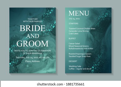 Modern abstract wedding invitation design or card templates for birthday greeting or certificate or cover with turquoise green watercolor waves or fluid art in alcohol ink style with glitter.