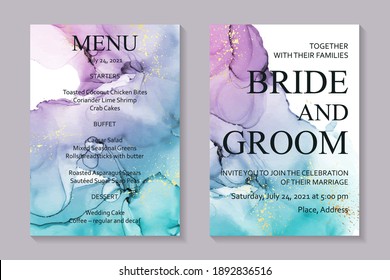 Modern abstract wedding invitation design or card templates for birthday greeting or certificate or cover with teal and purple watercolor stains or fluid art in alcohol ink style with gold on a white.