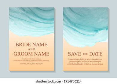 Modern abstract wedding invitation design or card templates for birthday greeting or certificate or cover with watercolor sea waves or fluid art in alcohol ink style on a yellow sand background.