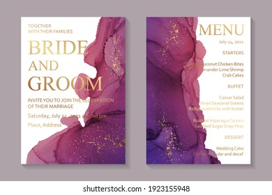 Modern abstract wedding invitation design or card templates for birthday greeting or certificate or cover with purple and pink watercolor waves or fluid art in alcohol ink style with gold on a white.