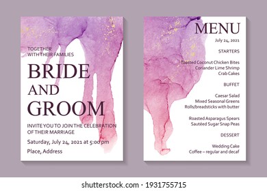 Modern abstract wedding invitation design or card templates for birthday greeting or certificate or cover with purple and pink watercolor stains or fluid art in alcohol ink style with gold on a white.