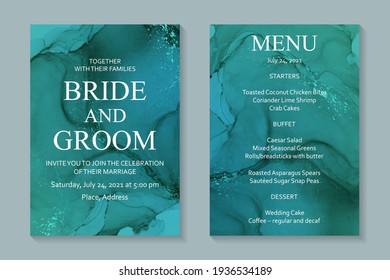 Modern abstract wedding invitation design or card templates for birthday greeting or certificate or cover with turquoise green watercolor waves or fluid art in alcohol ink style with metallic glitter.