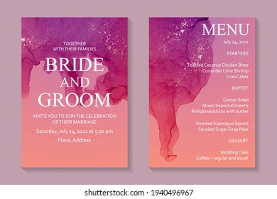 Diseño abstracto moderno de la invitación a la boda o plantillas de tarjetas para el saludo de cumpleaños o certificado o cubierta con ondas de color agua rojas y rosas o arte fluido en el estilo de tinta de alcohol con brillo de oro rosa.
