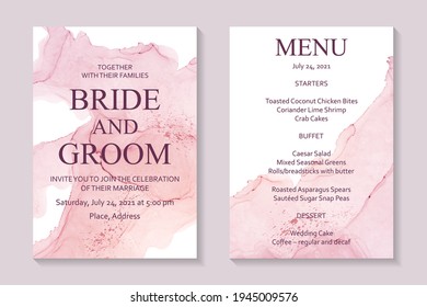 Modern abstract wedding invitation design or card templates for birthday greeting or certificate or cover with pink watercolor waves or fluid art in alcohol ink style with rose gold on a white.
