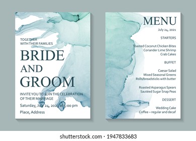 Modern abstract wedding invitation design or card templates for birthday greeting or certificate or cover with teal blue watercolor stains or fluid art in alcohol ink style on a white background.